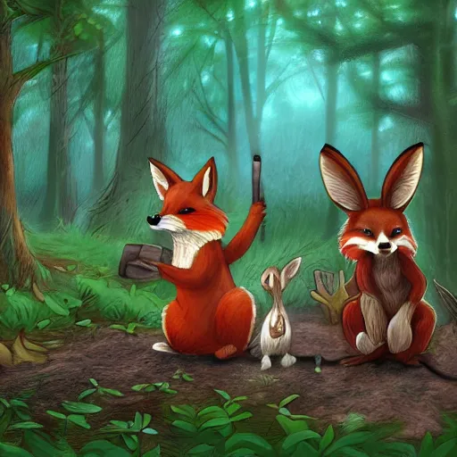 Image similar to 3 woodland critters, resistance, communist, bunny, mouse, fox, political meeting in the woods, antropomorphic, fantasy digital art, art station