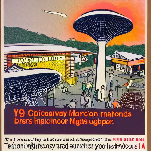 Image similar to A 1980s poster of a hawker centre and mushroom cloud