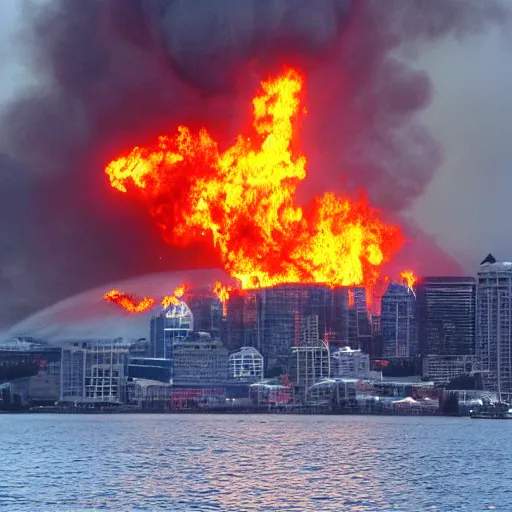 Image similar to a sea monster destroying the city of seattle, flames