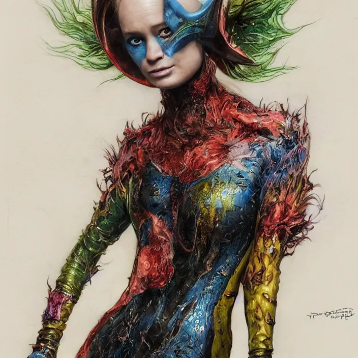 Image similar to a fashion editorial of brie larson as a brightly colored alien cat hybrid super hero vampire with wet mutated scaled skin. wearing a infected transparant organic catsuit. by tom bagshaw, donato giancola, hans holbein, walton ford, gaston bussiere, peter mohrbacher, brian froud and iris van herpen. 8 k, cgsociety