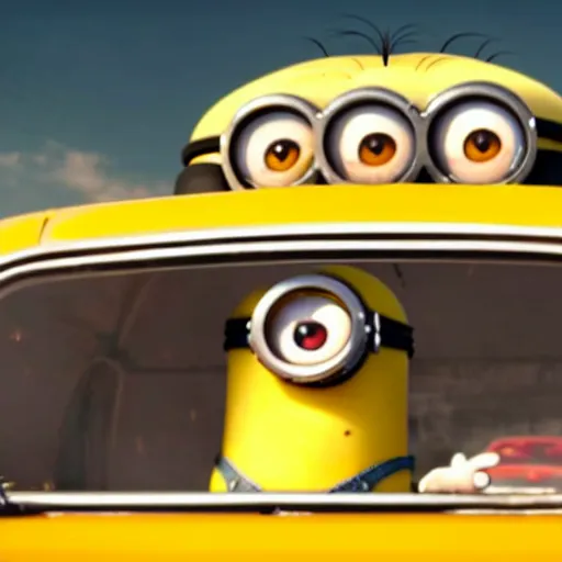 Image similar to a still of minions driving cars in mad max movie, highly detailed cinematography, cinematic, marvel cinematic