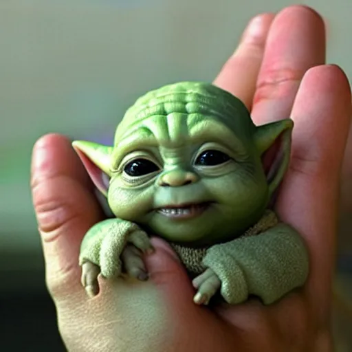 Image similar to a tiny pigmy baby yoda-Shrek Shrek Shrek hybrid in the palm of a person's hand, super cute