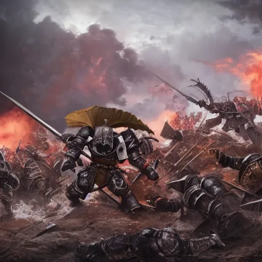 Image similar to warhammer chaos knight charging terrified world war two soldiers on a battlefield, extremely detailed, octane render, realistic shading, 4 k