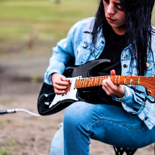 Image similar to 19-year-old girl with long shaggy black hair, wearing denim jacket and bell-bell-bottom jeans, playing electric guitar, stoner metal concert, heavy blues rock, doom metal, 30mm photography
