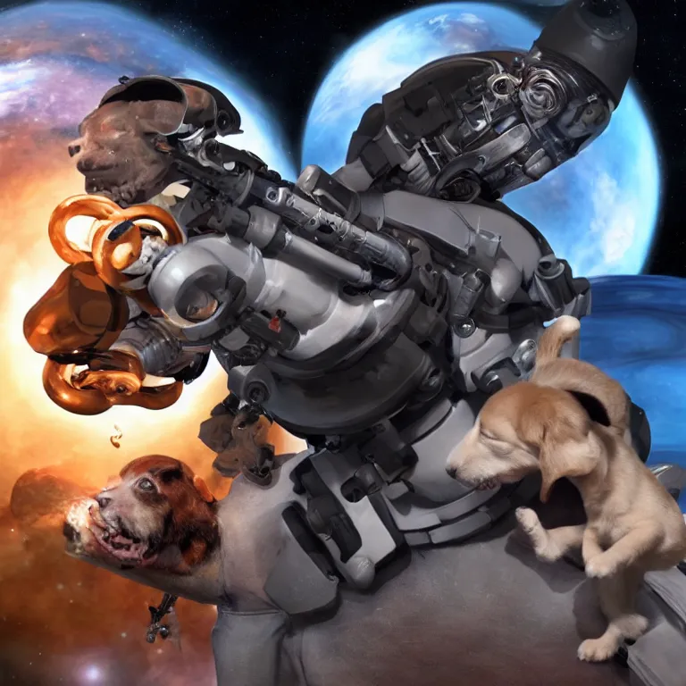 Image similar to t 8 0 0 terminator eating sandwich, hugging a cute puppy while surfing on a saxophone over rings of saturn in space, team fortress 2 sцcreenshot