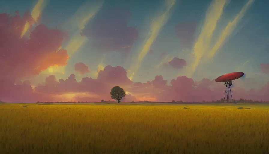 Image similar to colourful sky, wheat field, radio telescope, big trees, matte painting, art station, digital art, simon stalenhag