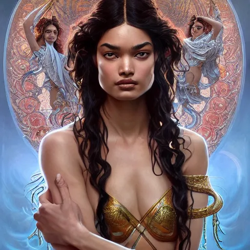 Image similar to Shanina Shaik as Medusa, greek goddess, intricate, elegant, highly detailed, digital painting, artstation, concept art, smooth, sharp focus, illustration, art by artgerm and greg rutkowski and alphonse mucha