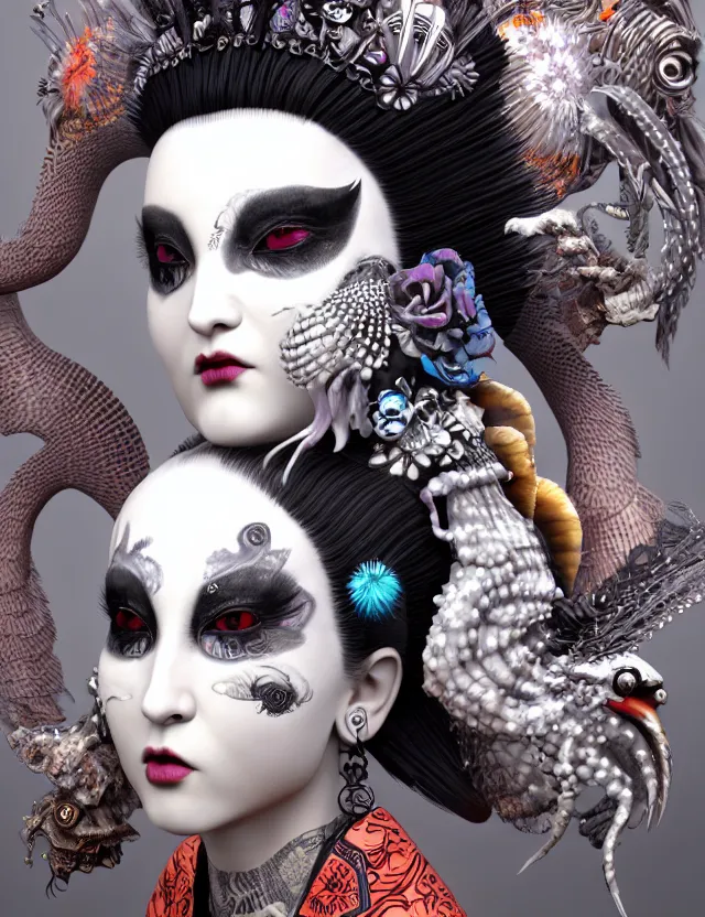 Image similar to 3 d goddess close - up profile portrait punk with mohawk in victorian style with ram skull. beautiful intricately detailed japanese crow kitsune mask and clasical japanese kimono. betta fish, jellyfish phoenix, bio luminescent, plasma, ice, water, wind, creature, artwork by tooth wu and wlop and beeple and greg rutkowski