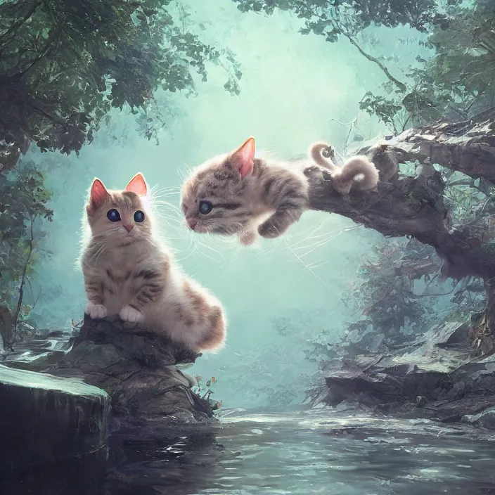Image similar to a highly detailed painting of a cute kitten at a river. character design by cory loftis, fenghua zhong, ryohei hase, ismail inceoglu and ruan jia. volumetric light, detailed, rendered in octane