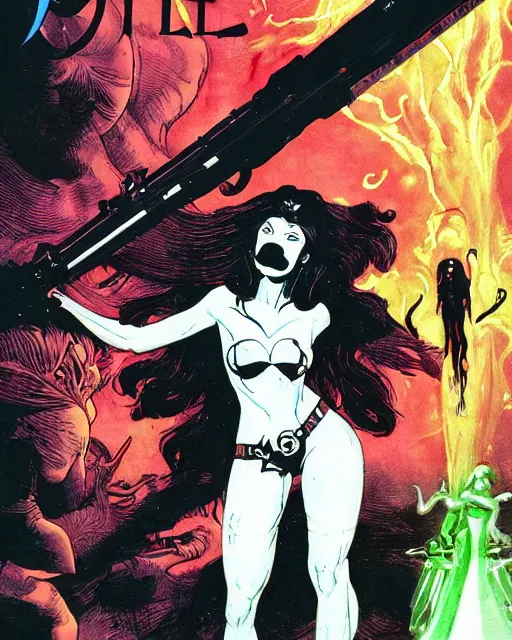 Prompt: the queen of the underworld shooting lasers at the sinners. bande dessinee cover art.