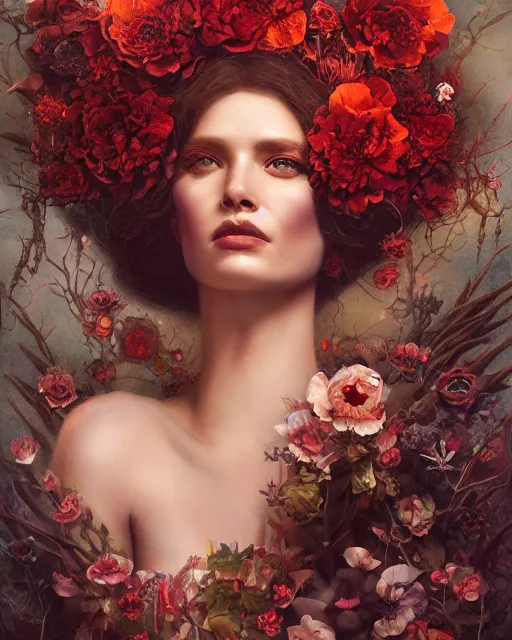 Image similar to portrait of the redskin queen of the underworld, surrounded by flowers by karol bak, james jean, tom bagshaw, rococo, sharp focus, trending on artstation, cinematic lighting, hyper realism, octane render, 8 k, hyper detailed.