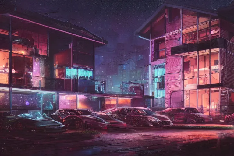 Prompt: cyberpunk, an estate agent listing photo, external view of a 5 bedroom detached house in the UK, it's night time, by Paul Lehr, highly detailed, photorealistic, unreal engine, 8k,