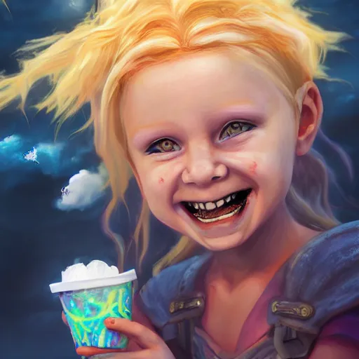 Image similar to An epic fantasy comic book style portrait painting of an adorable little albino girl with blonde dreads eating ice cream, smiling, sitting on top of a rainbow, atmospheric fantasy setting, unreal 5, DAZ, hyperrealistic, octane render, RPG portrait, ambient light, dynamic lighting