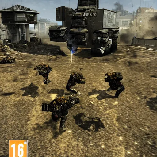 Image similar to call of duty game cube box art epic battle scene explosion tanks guns zombies