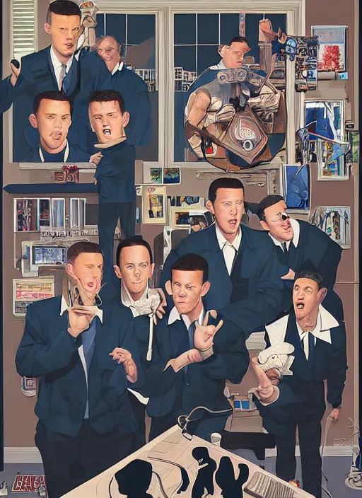 Image similar to artwork by Michael Whelan, Bob Larkin and Tomer Hanuka, of portrait of Justin Beber, Eminem, Channing Tatum and Joseph Gordon-Levitt in a barbershop quartet, from scene from Twin Peaks, simple illustration, domestic, nostalgic, from scene from Twin Peaks, clean