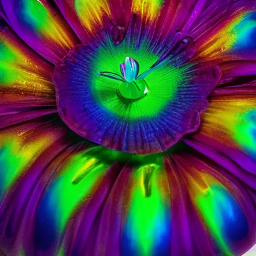 Image similar to An ultra high definition studio photograph of an alien flower in a simple vase on a plinth. The flower is multicoloured iridescent. High contrast, key light, 70mm.