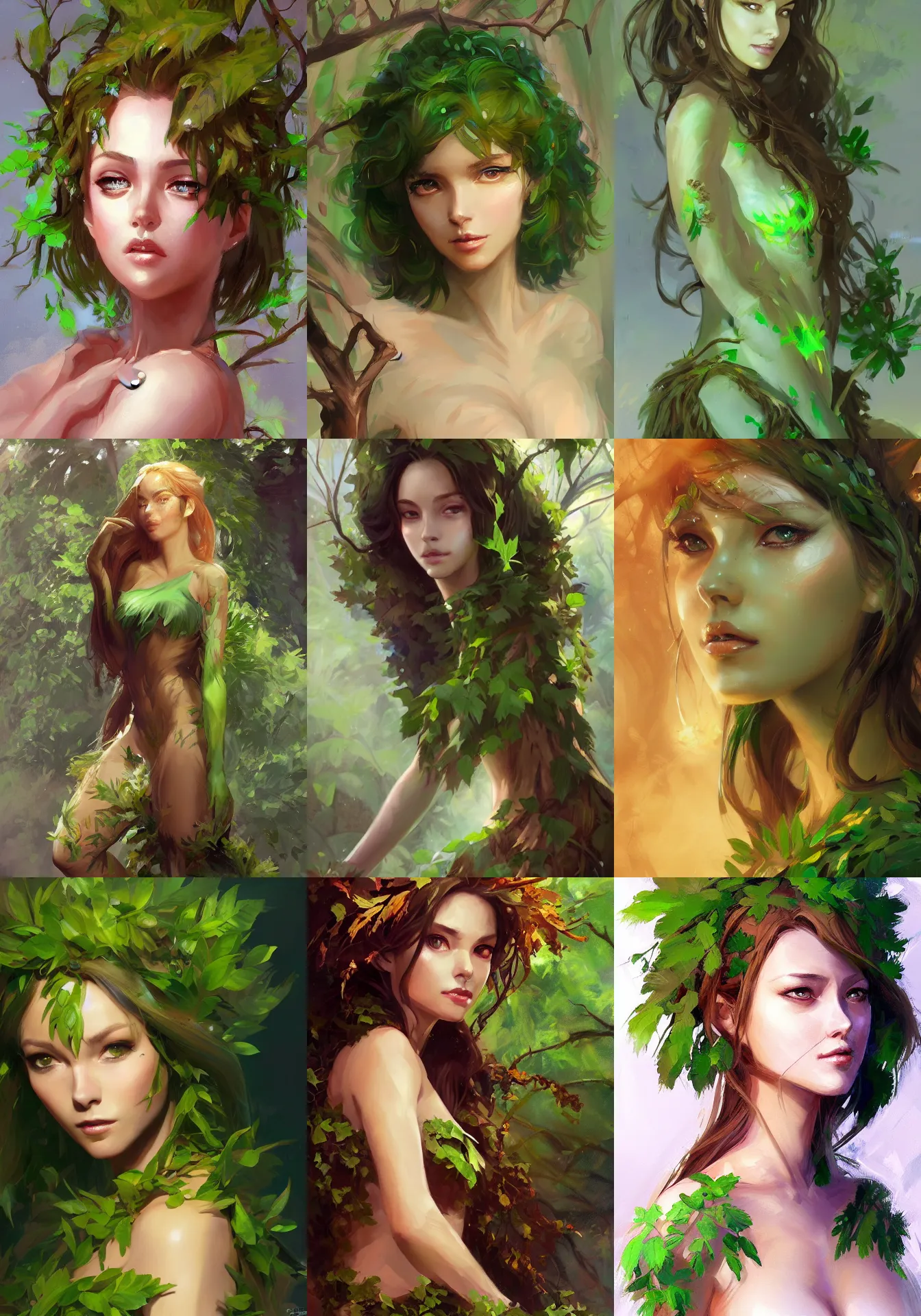 Prompt: greg manchess anime portrait of a beautiful dryad with glowing green eyes and tree bark skin wearing clothes made of leaves, digital painting, by stanley artgerm lau, sakimichan, wlop and rossdraws, digtial painting, pixiv fanbox