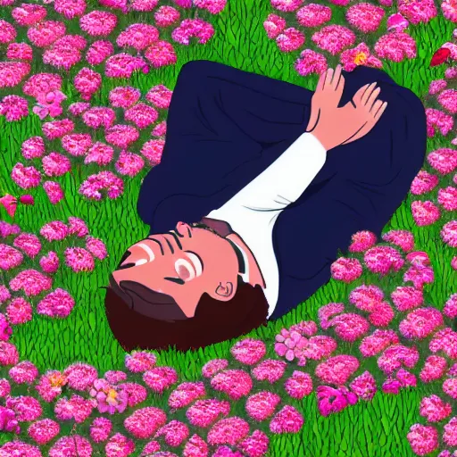 Prompt: hungarian prime minister orban viktor laying on a field of flowers, surrounded by cute kittens, highly detailed illustration, hyper realistic, 4 k