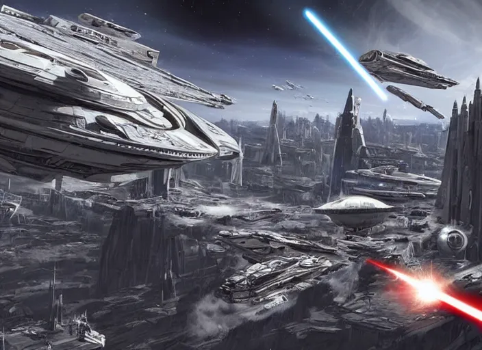 Prompt: a single large spaceship seen from the surface of a busy metropolis, star wars digital art