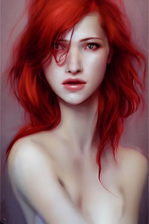 Prompt: portrait of the most beautiful girl in the world, red hair, mouth slightly open, by charlie bowater