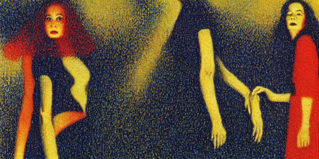 Image similar to a film still of suspiria by dario argento 1 9 7 7 movie, painted by georges seurat, impressionism, pointillism, high quality, detailed, print!, poster,