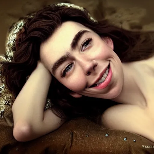 Image similar to stunning photo of dark - haired goddess vanessa kirby smiling, laying back on a pillow, with white tears all over her face, a beautiful closeup, wet lips, perfect eyes, insanely detailed, elegant, by mucha, wlop, rutkowski, livia prima