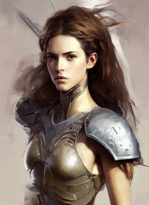 Image similar to a professional painting of a beautiful young female, clothed in military armor, olive skin, long dark hair, beautiful bone structure, symmetrical facial features, intricate, elegant, digital painting, concept art, smooth, sharp focus, illustration, from Metal Gear, by Ruan Jia and Mandy Jurgens and Artgerm and William-Adolphe Bouguerea