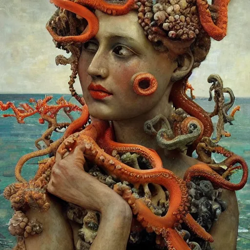 Image similar to a sculpture portrait made of seaweed and coral and shells and octopus, painting part by wojciech siudmak, part by ilya repin, part by max ernst, part by norman rockwell, artstation