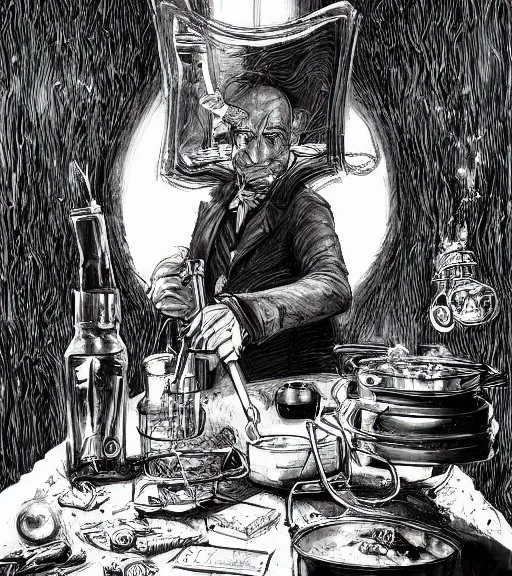 Prompt: beautiful willie wonka cooking meth black and white drawing, in the style of greg rutkowski, fantasy, amazing detail, epic, intricate, elegant, smooth, sharp focus