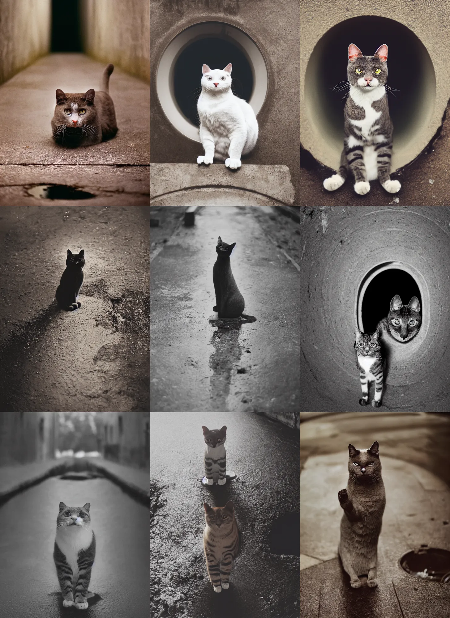 Prompt: medium format film portrait of a soulless anthropomorphic cat standing in a sewer, hasselblad film bokeh, unsplash, soft light photographed on colour expired film
