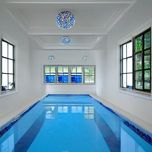 Prompt: dream poolrooms backroom with walls and ceilings of white ceramic tiles, light coming in with blue skies