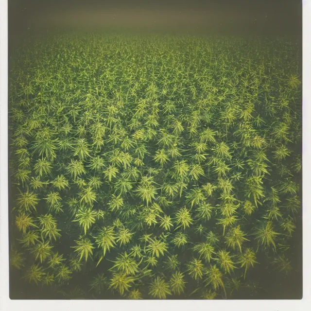 Image similar to field of cannabis on fire at night, polaroid