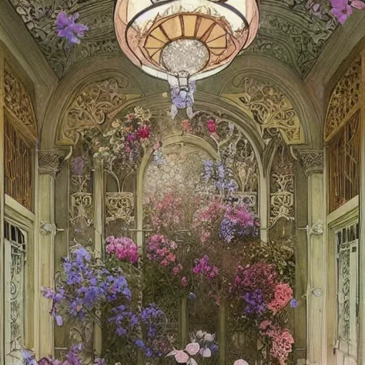 Image similar to a beautifull intricate watercolour painting of a victorian bathroom with many flowers, reflexions, verry high details by william turner art, greg rutkowski and alphonse mucha, trending on artstation, very very detailed, masterpiece,