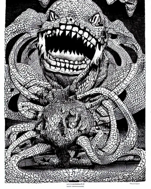 Image similar to The Pokemon MissingNo as a D&D monster, pen-and-ink illustration, etching, by Russ Nicholson, DAvid A Trampier, larry elmore, 1981, HQ scan, intricate details, high contrast