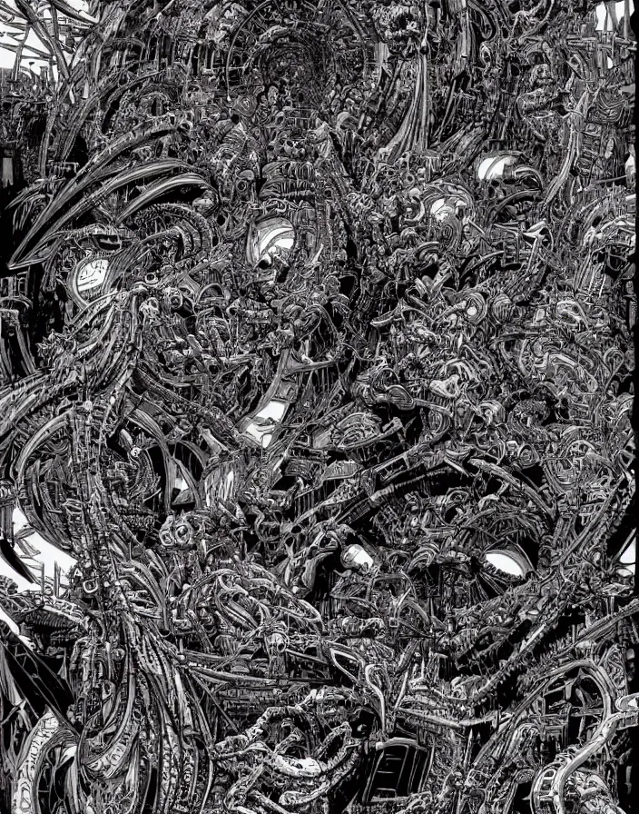 Image similar to hyper detailed industraial & utility by philippe druillet
