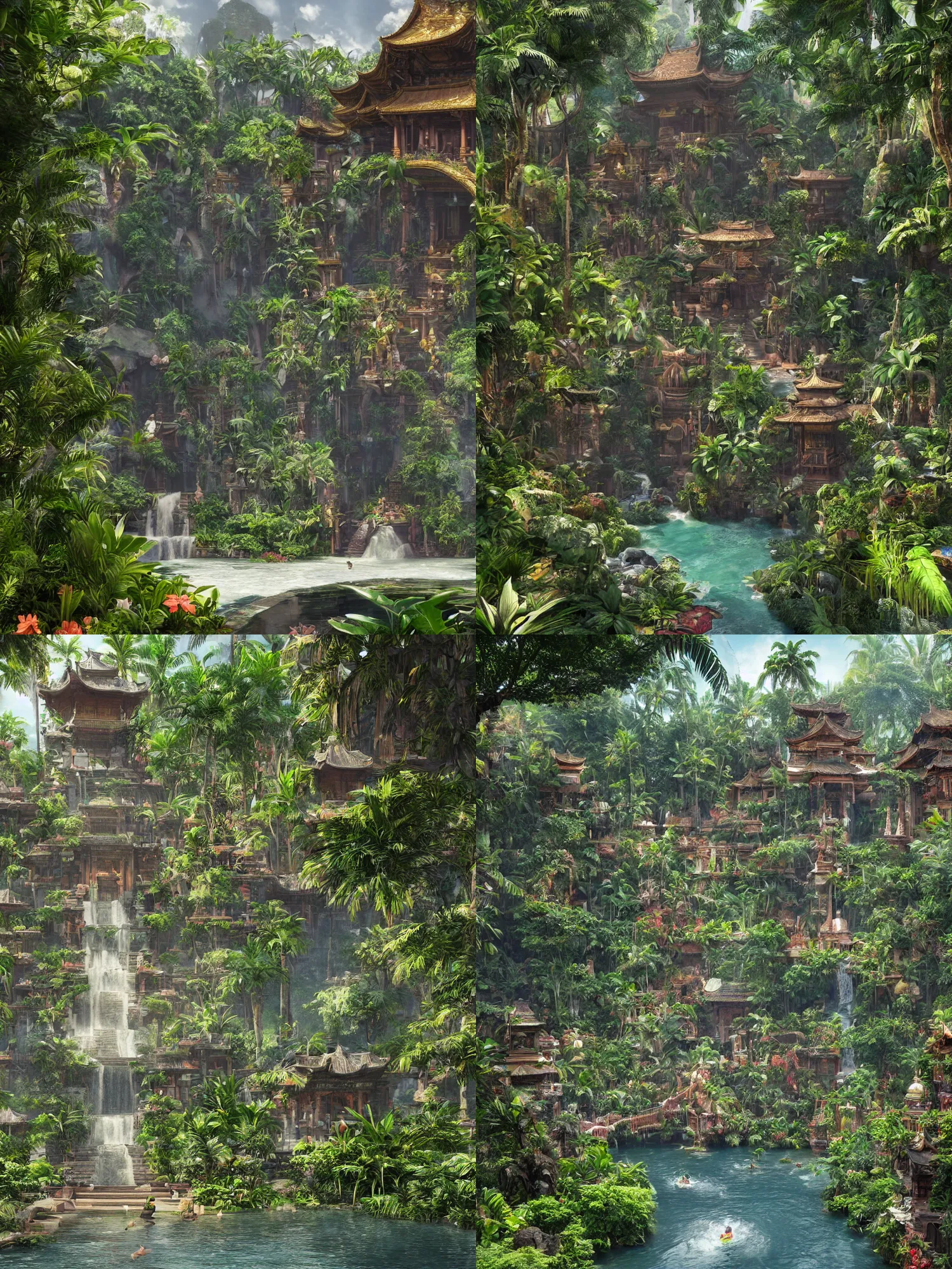 Prompt: a temple exterior in tropical paradise with walkways, canals, and arches, lush vegetation, flowers and waterfalls, fantasy, Eddie Mendoza, Zaha Hadid, detailed Sci-Fi and classical architecture, photorealistic, Low angle, cinematic lighting, Maya render, raytracing