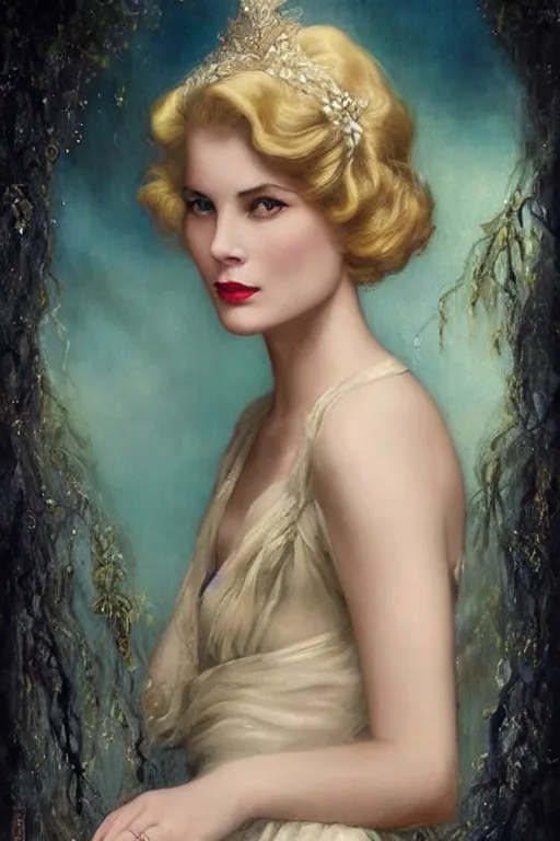 Image similar to a young and extremely beautiful grace kelly infected by night by tom bagshaw in the style of a modern gaston bussiere, art nouveau, art deco, surrealism. extremely lush detail. melancholic night scene. perfect composition and lighting. profoundly surreal. high - contrast lush surrealistic photorealism. sultry and mischievous expression on her face.