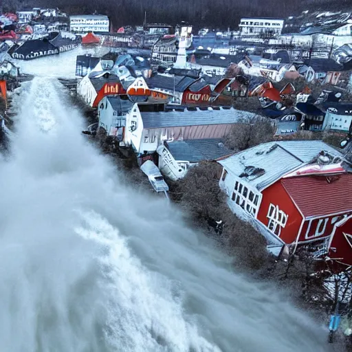 Image similar to tsunami hits trondheim, real historical event caught on camera, dramatic, hdr, hdd, clear image,