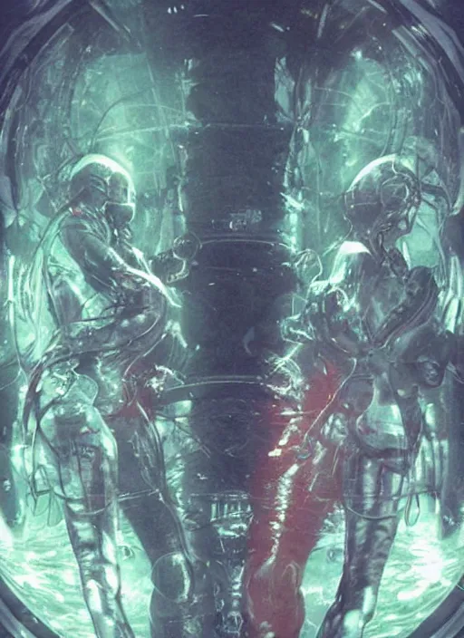 Image similar to astronauts girls in dark void underwater - complex and hyperdetailed technical suit design. reflection and dispersion materials. rays and dispersion of light. volumetric light. f / 3 2. noise film photo. flash photography. ultra realistic, wide angle. poster by wayne barlowe, hajime sorayama aaron horkey, craig mullins