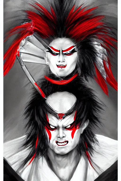 Prompt: an epic portrait of insane kabuki wielding a spear, magical aura of insanity, intricate hakama, poofy red wig, high energy, dramatic lighting, trending on artstation,