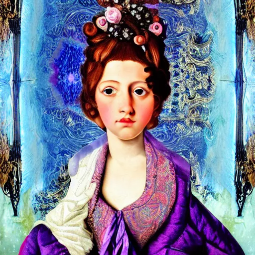 Image similar to 🌌 hyperdetailed maximalist elaborate half - lenght portrait of a futuristic a beautiful child, wearing long clothing. rococo architecture, in the style of modigliani and mixed media collage. matte background hd 8 x