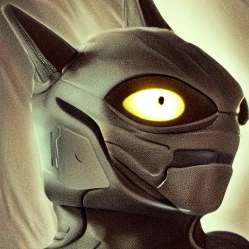 Image similar to a futuristic humanoid with cat-like features, yellow eyes, teeth that protrude past the lower lip and fine grayish fur on their faces and backs of their hands wearing alien armor and carrying an energy rifle