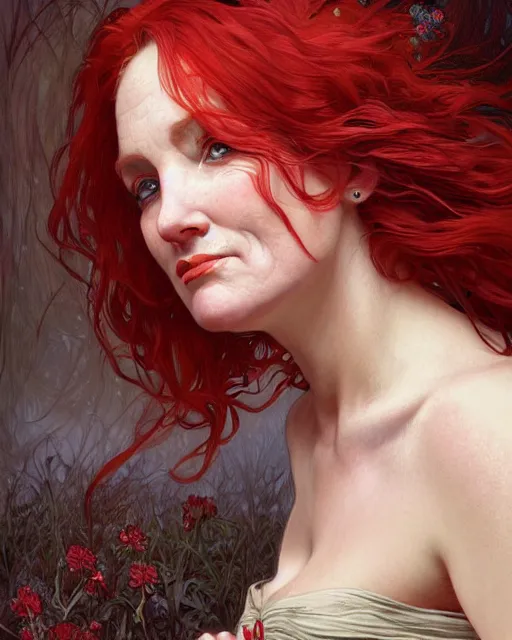 Image similar to portrait of short and plump 5 0 - year - old woman with red hair and a kind face, wearing dress, hyper realistic face, beautiful eyes, close up, fantasy art, in the style of greg rutkowski, intricate, alphonse mucha, hyper detailed, smooth