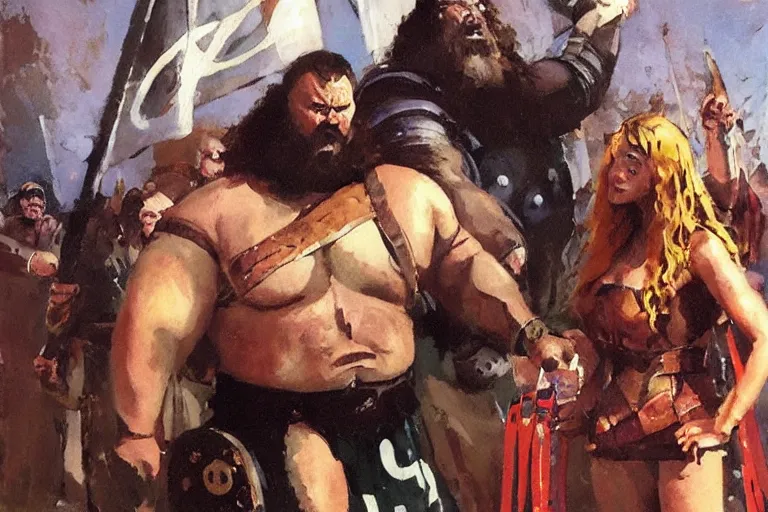 Prompt: braun strowman as a huge viking is offered a drink by a slim young lady, painted by phil hale and rick berry and dean cornwell and norman rockwell and jack kirby and tom lovell and jeremy mann