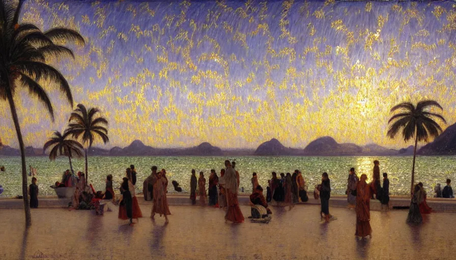 Image similar to a ultradetailed beautiful painting of the thunderstorm sky of the rio de janeiro palace balustrade designed by jules bastien - lepage, tarsila do amaral, frank weston and gustave baumann, beach, trending on artstation, mediterranean, palm trees, sharp focus, colorful refracted sparkles and lines, soft light, 8 k 4 k