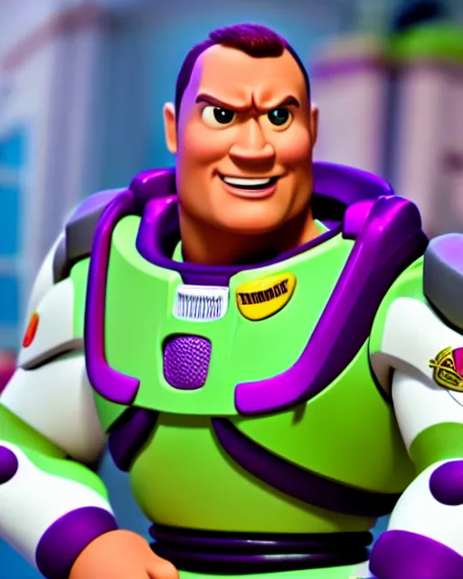 Image similar to Film still close-up shot of Dwayne Johnson as Buzz Lightyear in the movie Toy Story 3. Photographic, photography