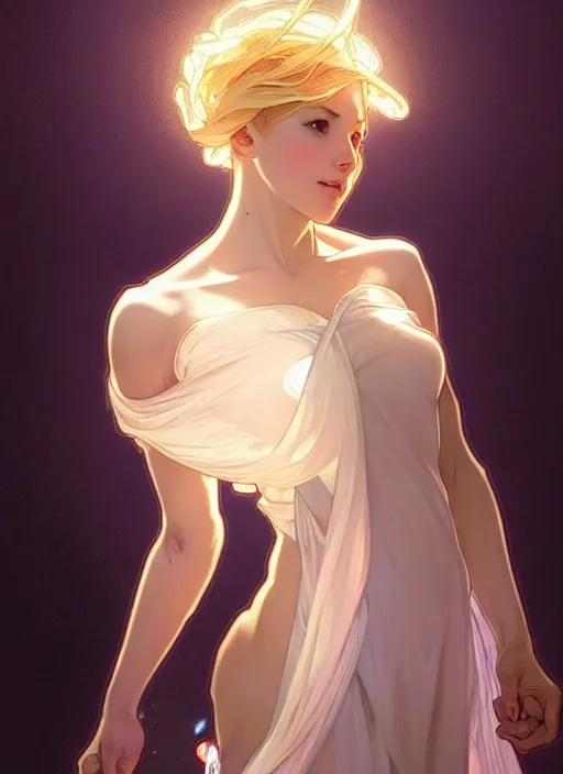 Prompt: digital character concept art by artgerm and greg rutkowski and alphonse mucha. clear portrait of a modern young wife blessed by god to uncontrollably grow overwhelmingly perfect!! blonde, in clothes! feminine well - formed holy body!! light effect. hyper detailed, glowing lights!! intricate, elegant, digital painting, artstation, smooth, sharp focus