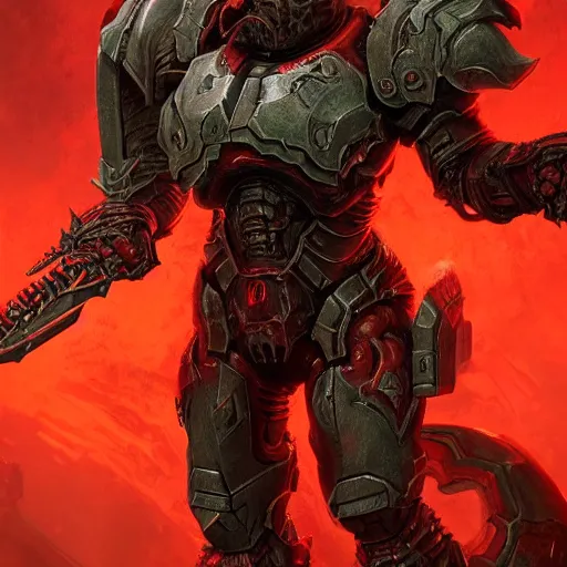 Image similar to fantasy art of doom slayer, intricate, high detailed, insane detailed, cgsociety, red theme