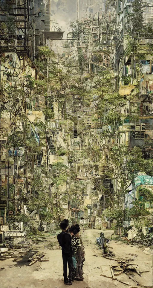 Prompt: on the street of abandoned town 2 people standing huddled together with spiny giant plants bursting through them, surreal, very coherent, intricate design, painting by Yoji Shinkawa, part by Norman Rockwell