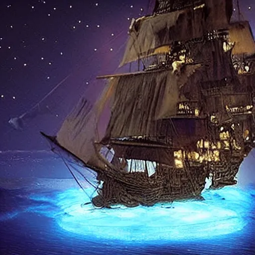 Image similar to A picture of the black pearl from pirates of the carribean with many glowing cats sitting in a circle on it